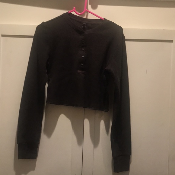 Waffle long sleeve crop henley - Dark chocolate - Picture 6 of 8